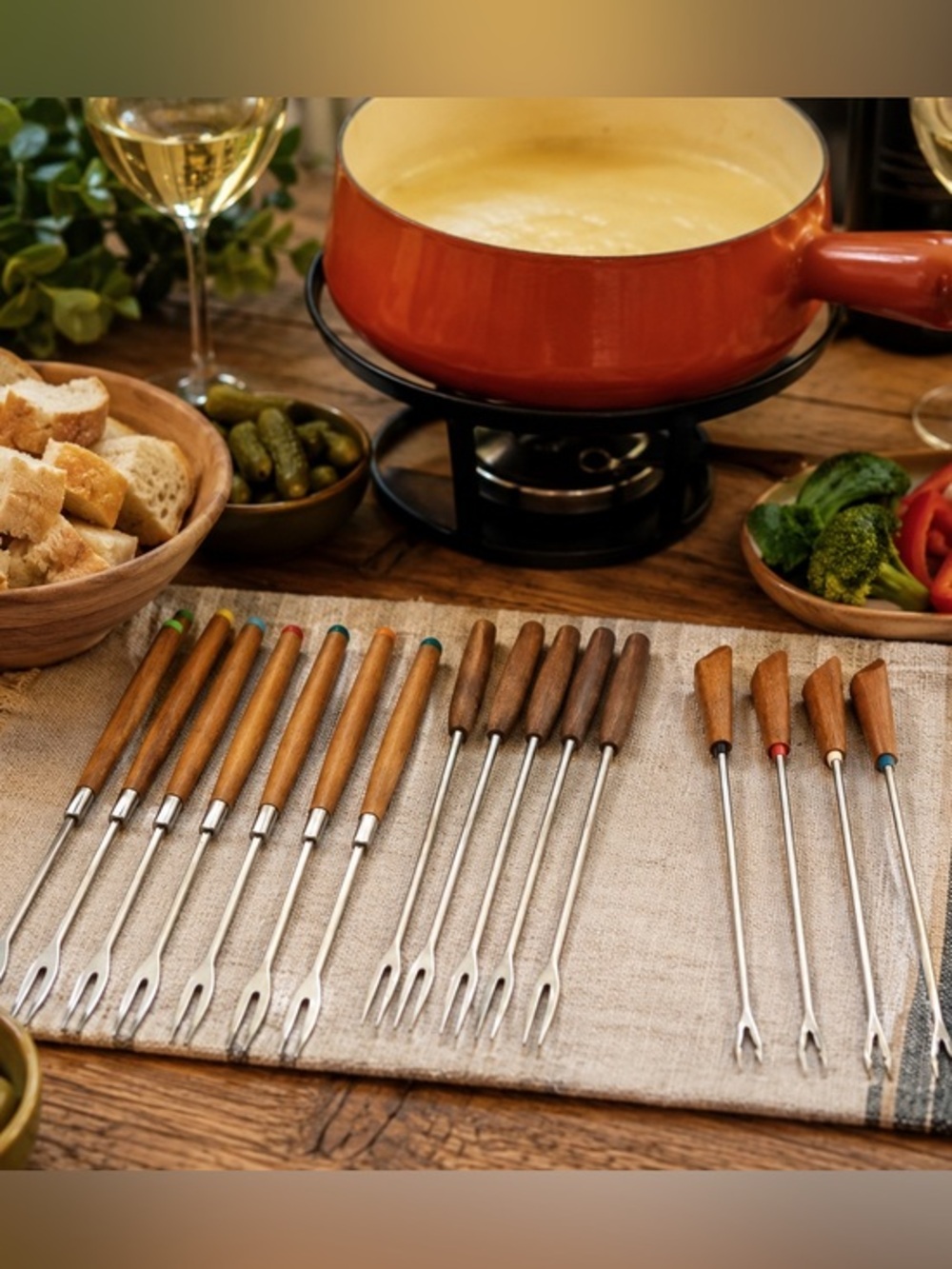 Vintage Fondue Fork Wood Handle Color-Coded Skewers Mid Century lot of 15